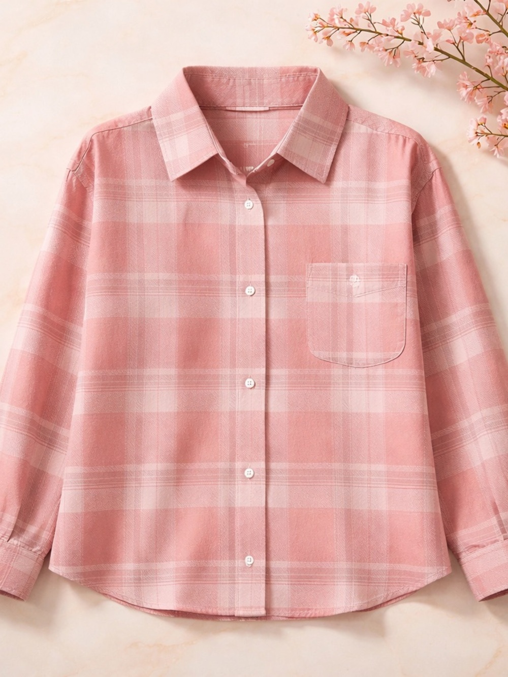 Women's Pink Plaid Blouse with Chest Pocket